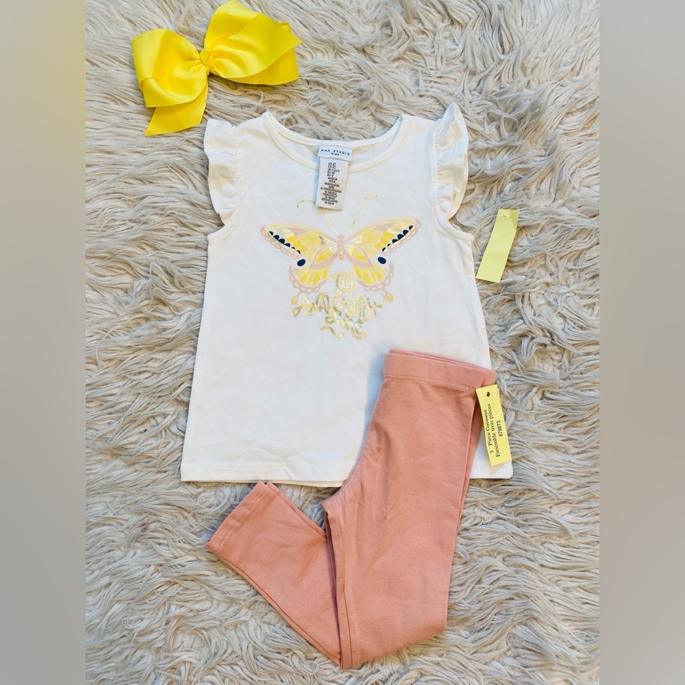 New with tags size 2T butterfly “Fly Away with Me” outfit & matching yellow bow!